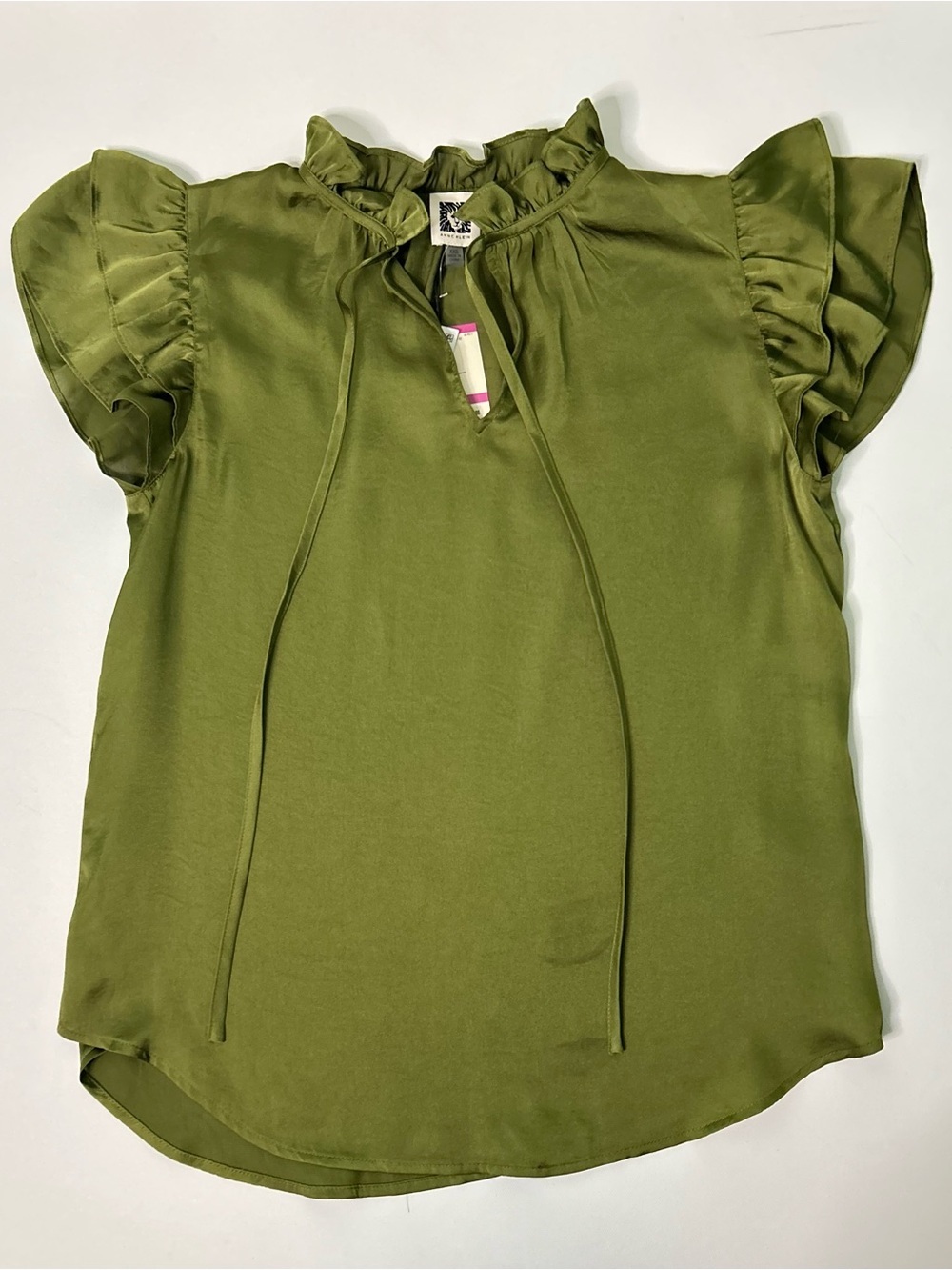 Anne Klein Tie-Neck Ruffle Sleeve Blouse bay leaf color